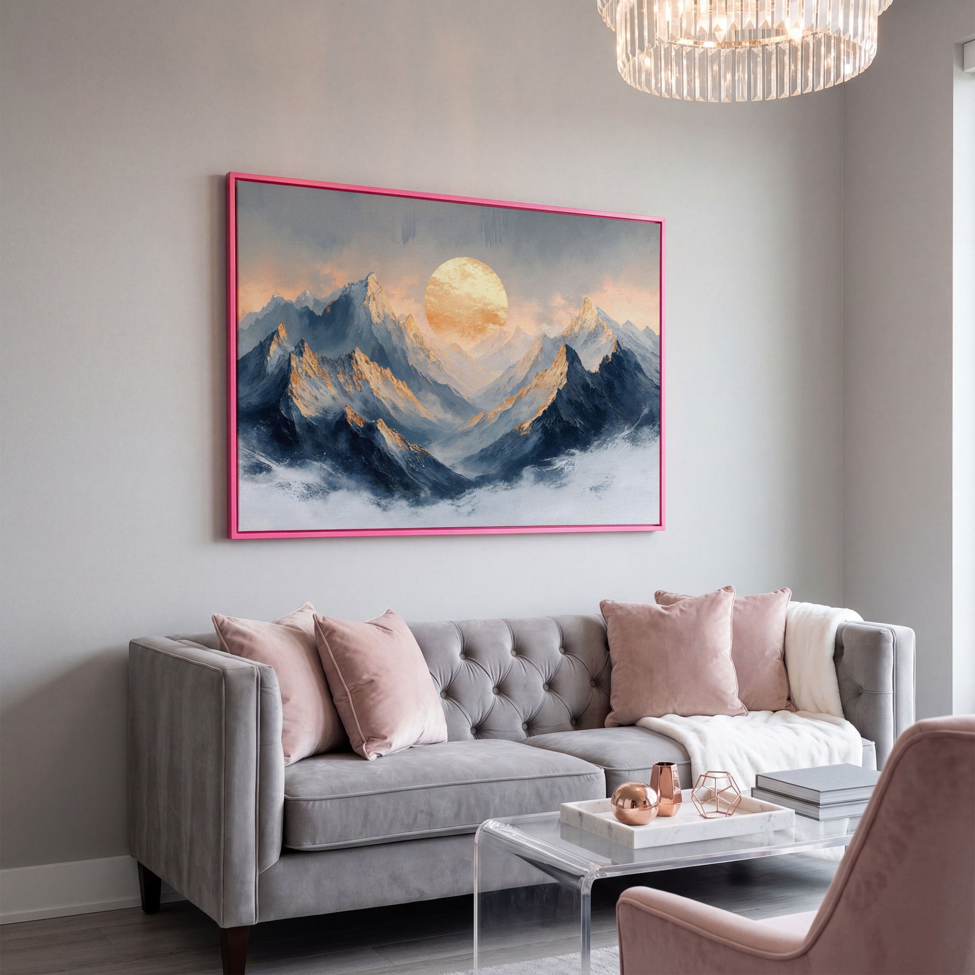 Sunlit Mountain Peaks Canvas in pink floating frame