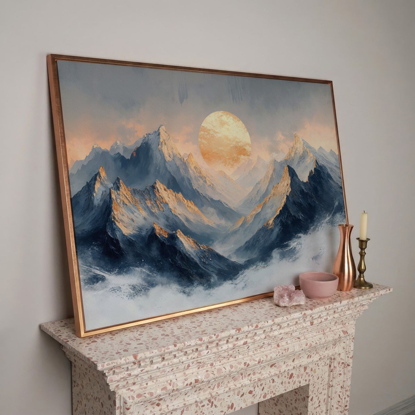 Sunlit Mountain Peaks Canvas in rose gold floating frame