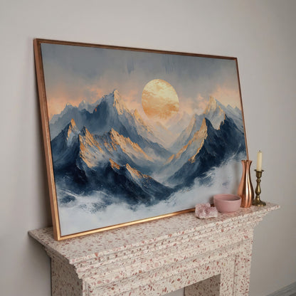 Sunlit Mountain Peaks Canvas in rose gold floating frame