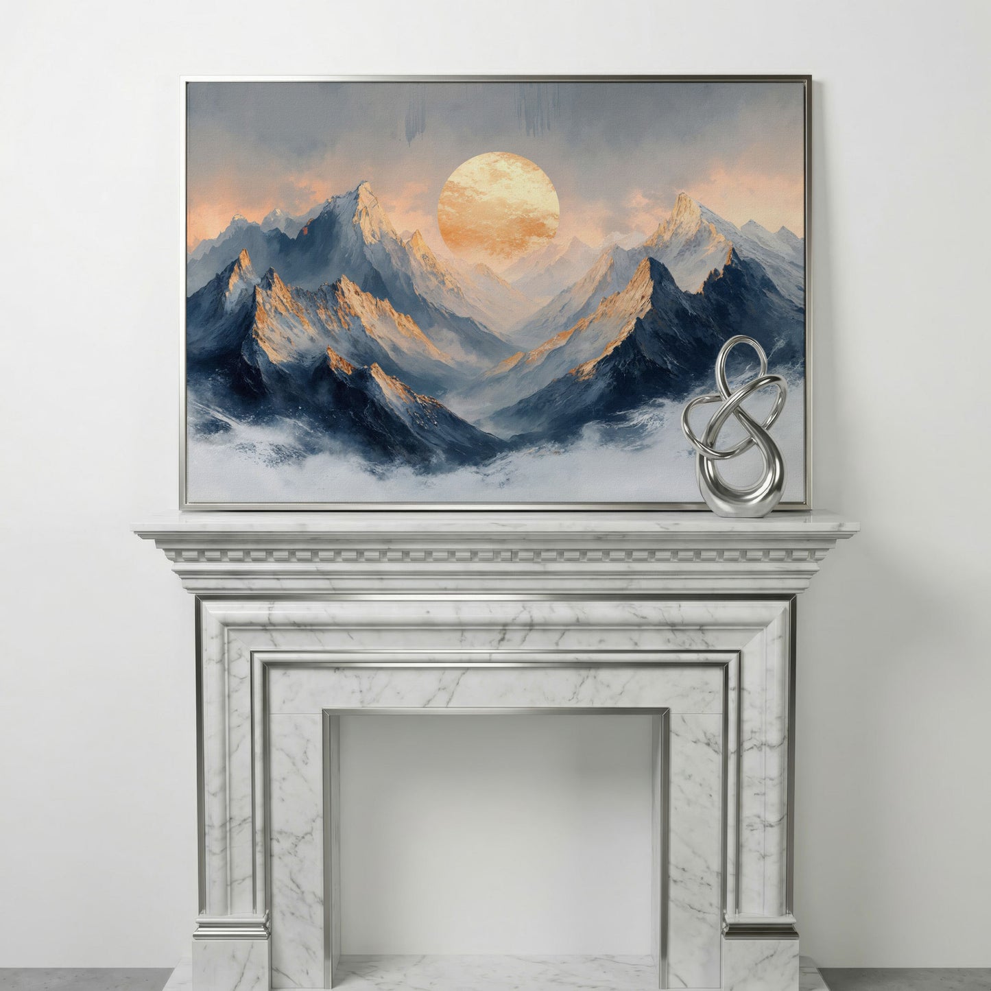 Sunlit Mountain Peaks Canvas in silver floating frame