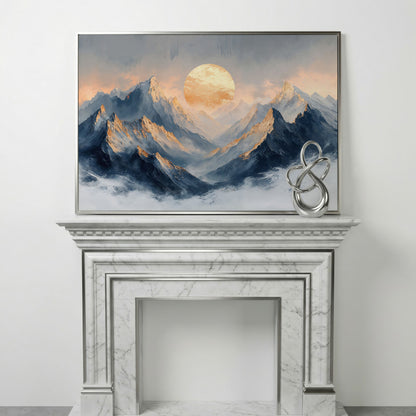 Sunlit Mountain Peaks Canvas in silver floating frame