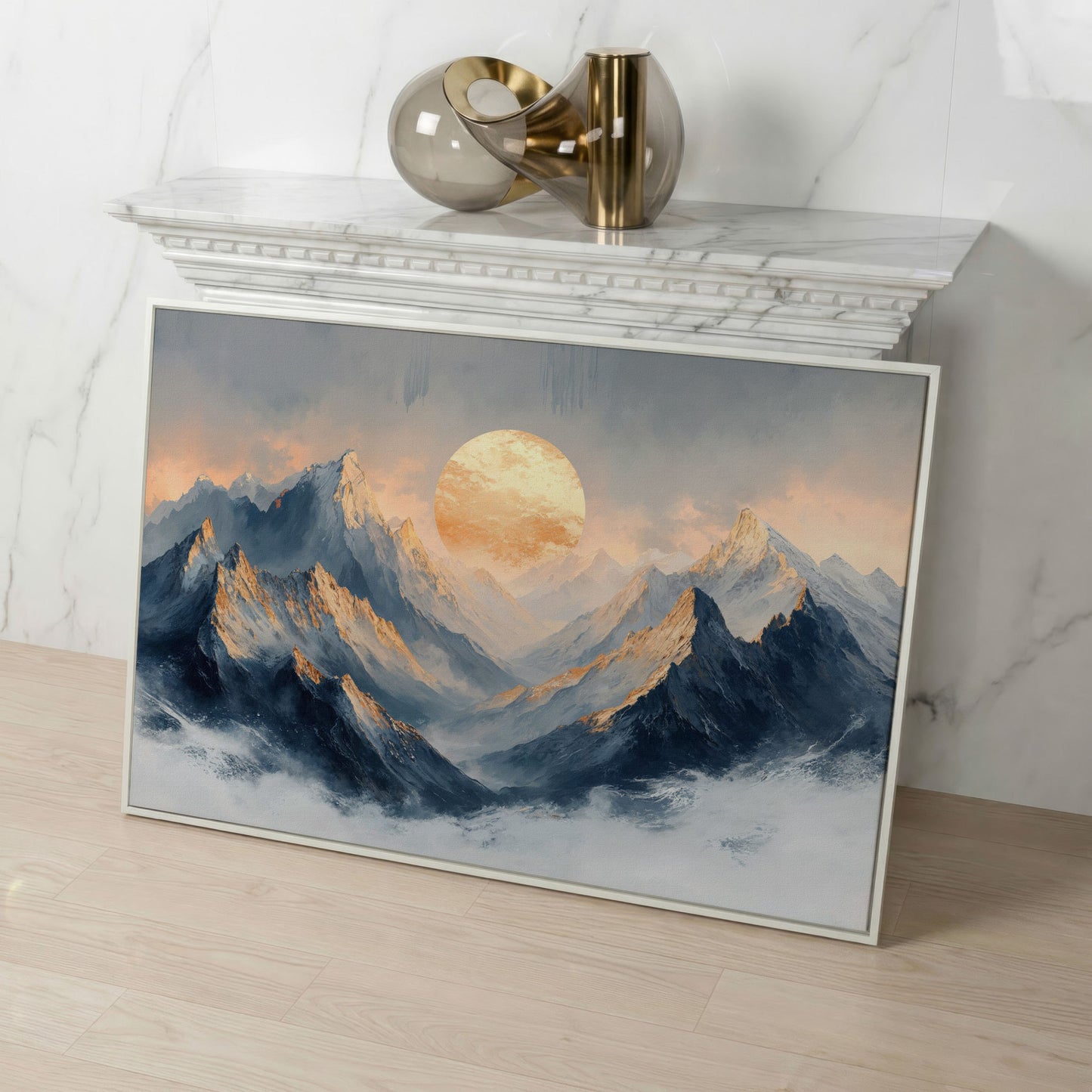 Sunlit Mountain Peaks Canvas in white floating frame