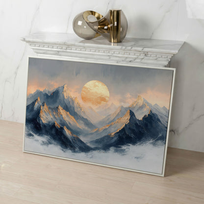 Sunlit Mountain Peaks Canvas in white floating frame