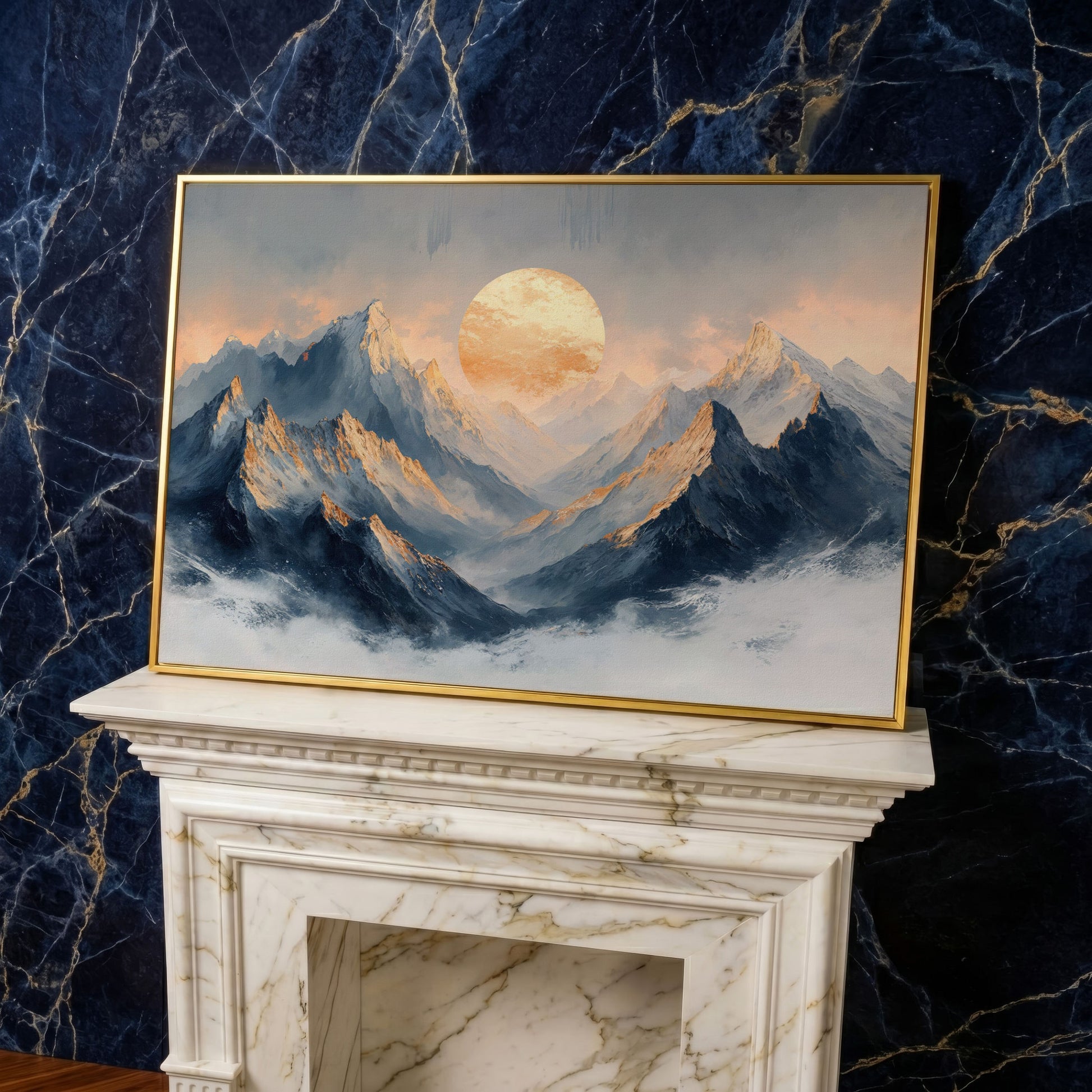 Sunlit Mountain Peaks Canvas in yellow gold floating frame