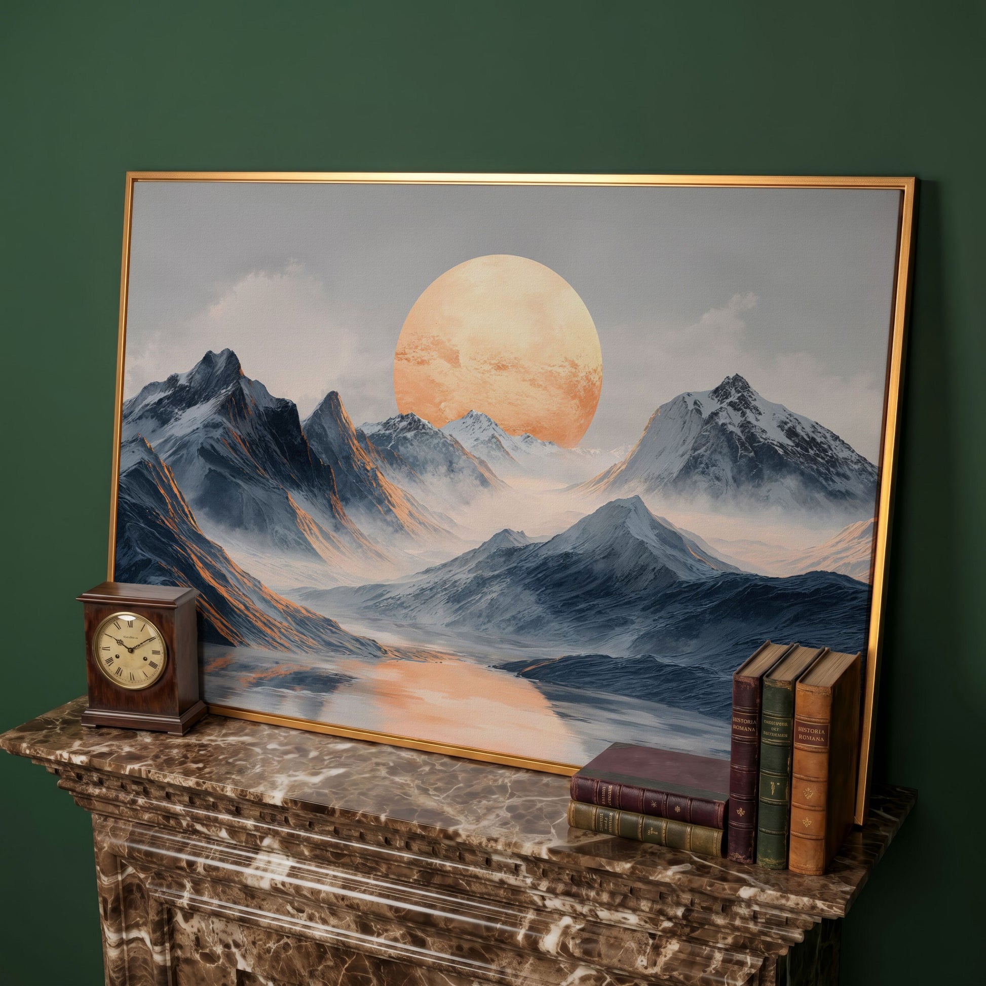 Golden Sun Over Snowy Mountains Canvas Print in antique gold floating frame