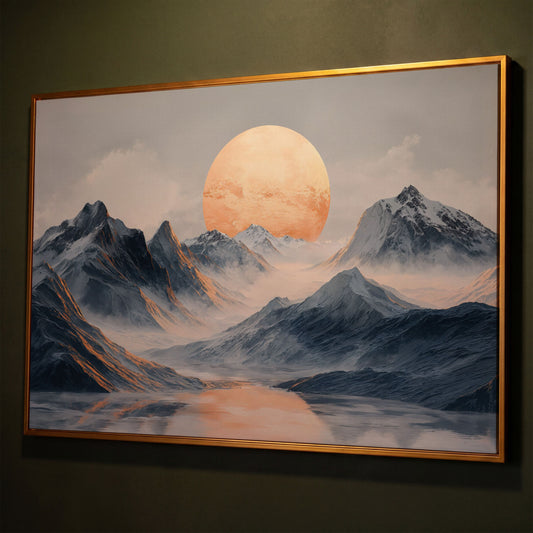 Golden Sun Over Snowy Mountains Canvas Print shown in antique gold floating frame