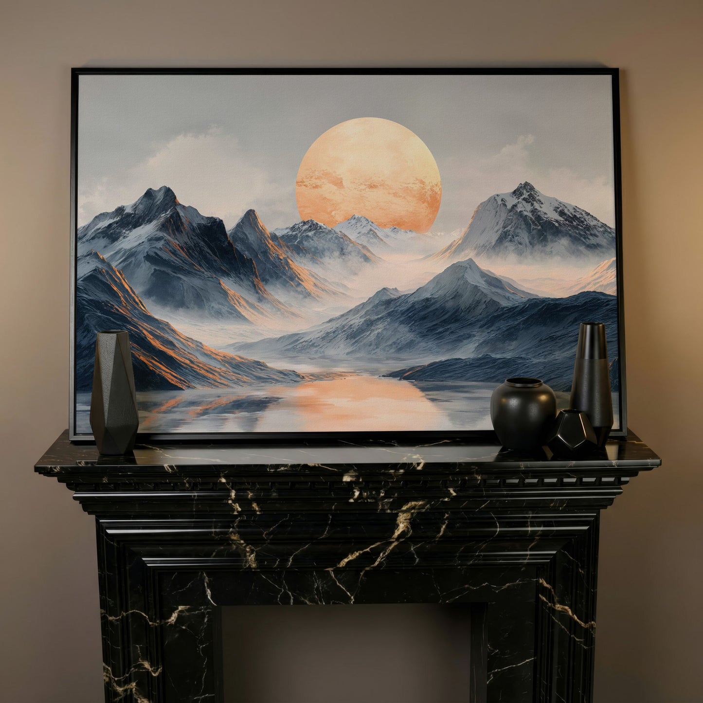 Golden Sun Over Snowy Mountains Canvas Print in black floating frame