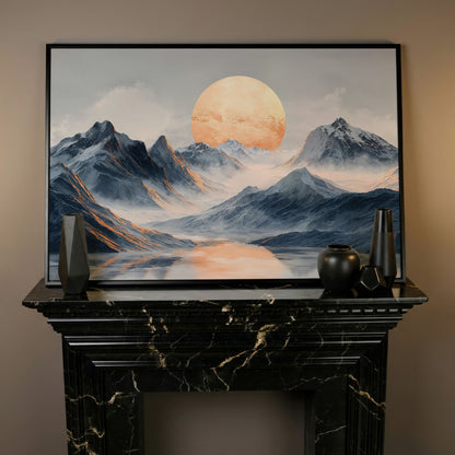 Golden Sun Over Snowy Mountains Canvas Print in black floating frame