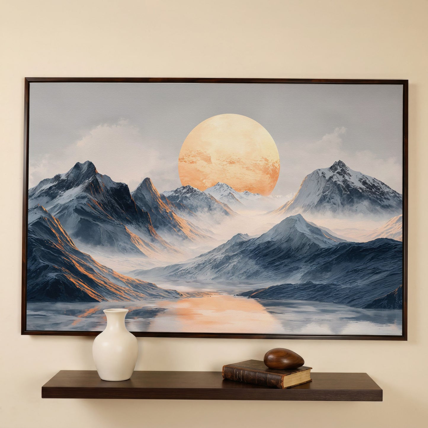 Golden Sun Over Snowy Mountains Canvas Print in dark walnut floating frame