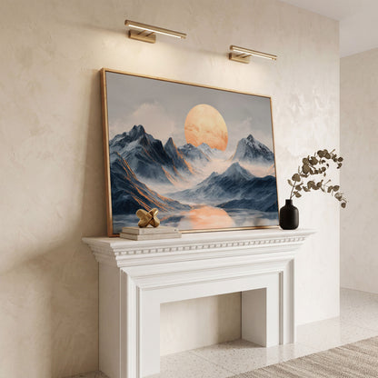 Golden Sun Over Snowy Mountains Canvas Print in white oak floating frame