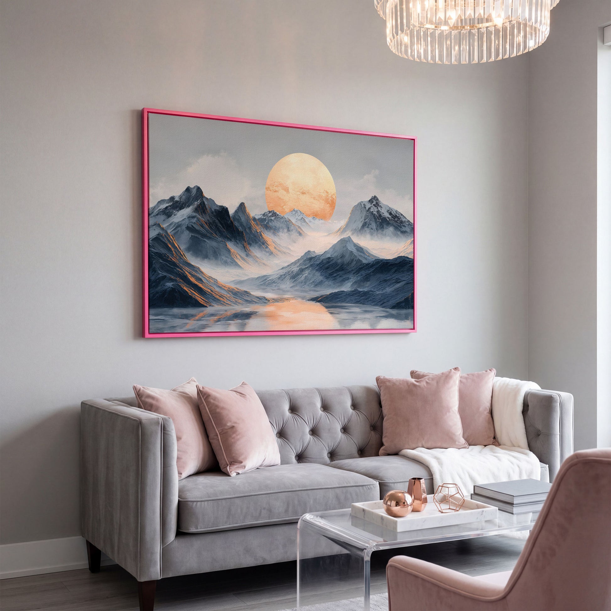 Golden Sun Over Snowy Mountains Canvas Print in pink floating frame