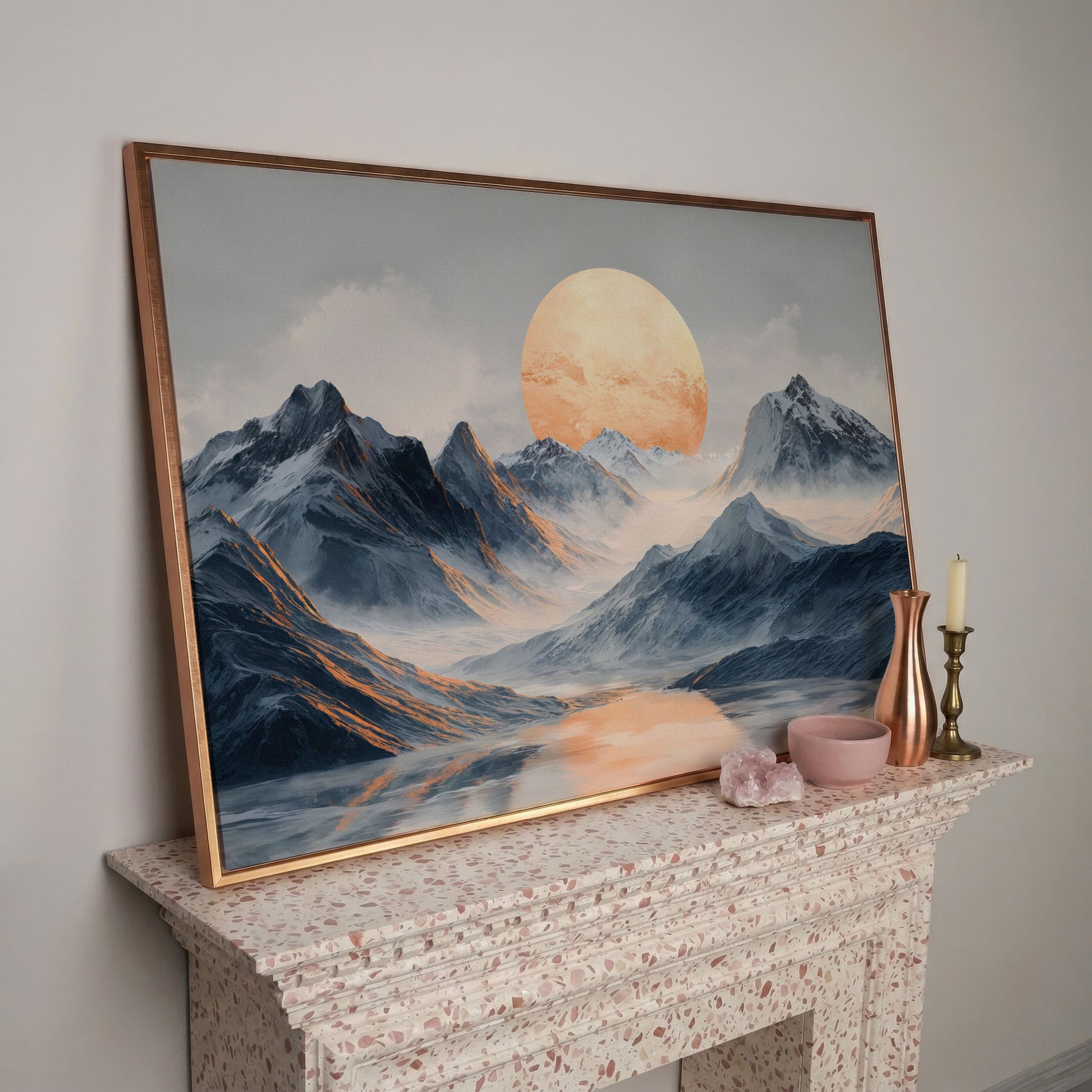 Golden Sun Over Snowy Mountains Canvas Print in rose gold floating frame