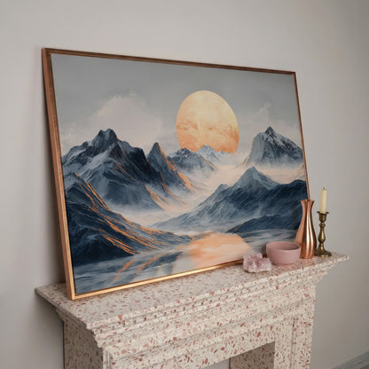 Golden Sun Over Snowy Mountains Canvas Print in rose gold floating frame