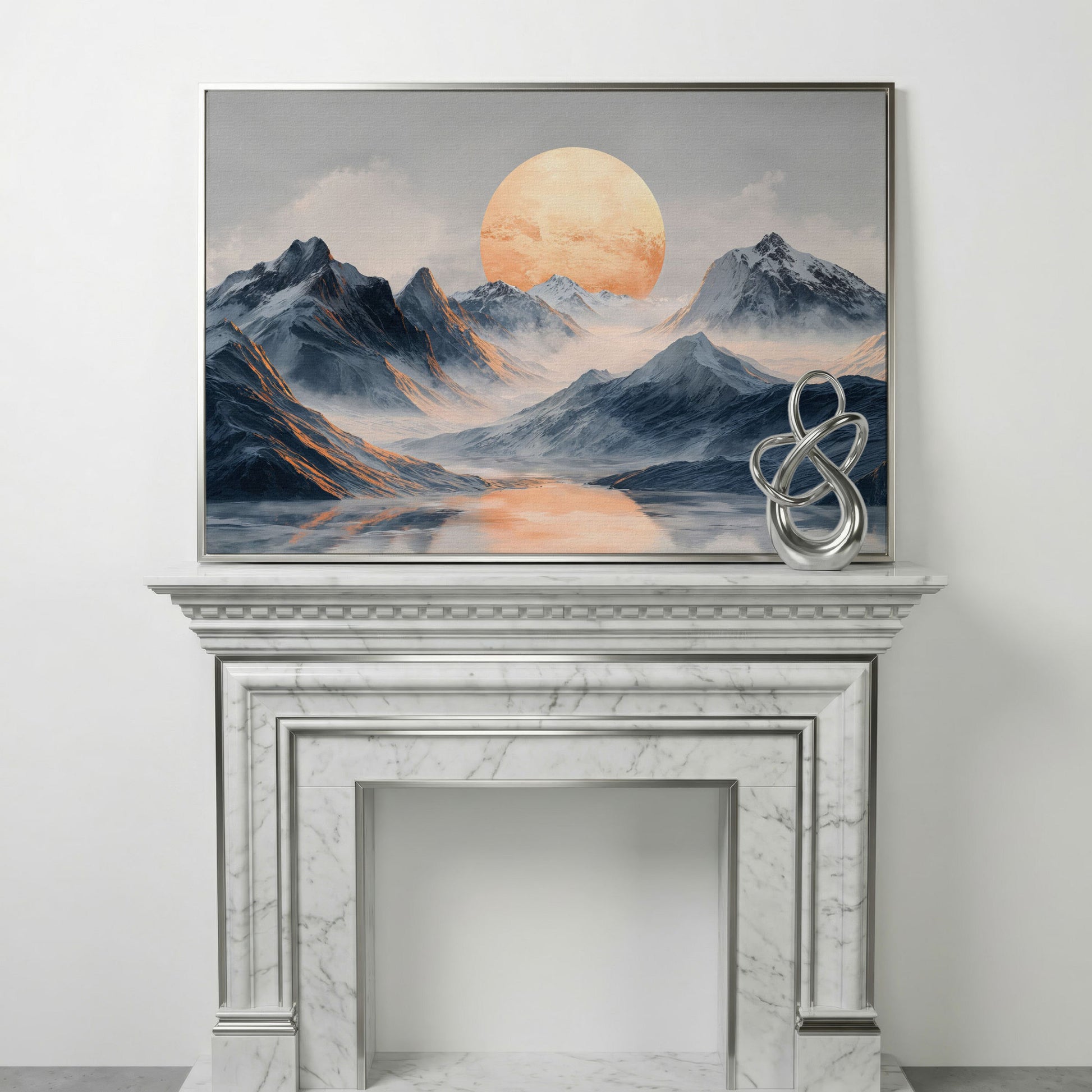 Golden Sun Over Snowy Mountains Canvas Print in silver floating frame