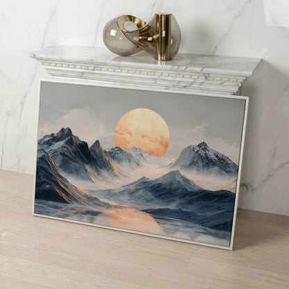 Golden Sun Over Snowy Mountains Canvas Print in white floating frame