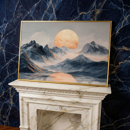 Golden Sun Over Snowy Mountains Canvas Print in yellow gold floating frame