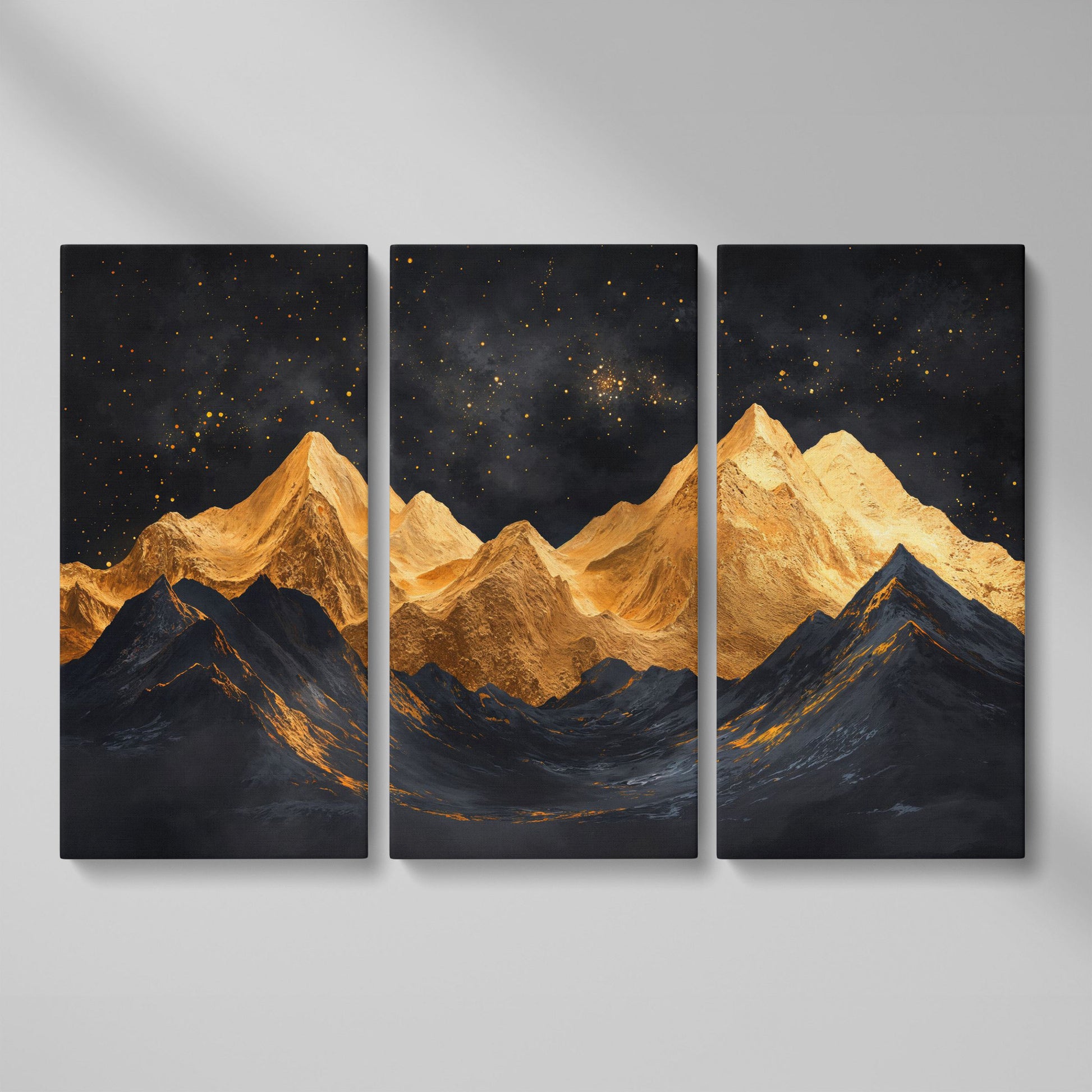 Golden Mountains Under Starry Sky Canvas as 3-panel split version