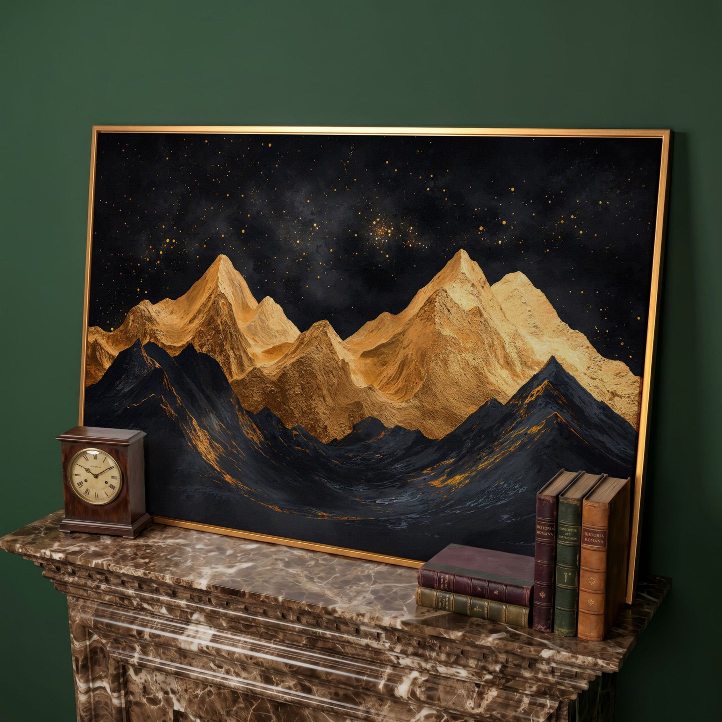 Golden Mountains Under Starry Sky Canvas in antique gold floating frame