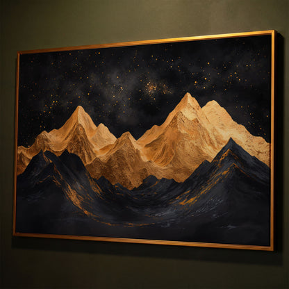 Golden Mountains Under Starry Sky Canvas shown in antique gold floating frame