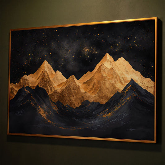 Golden Mountains Under Starry Sky Canvas shown in antique gold floating frame