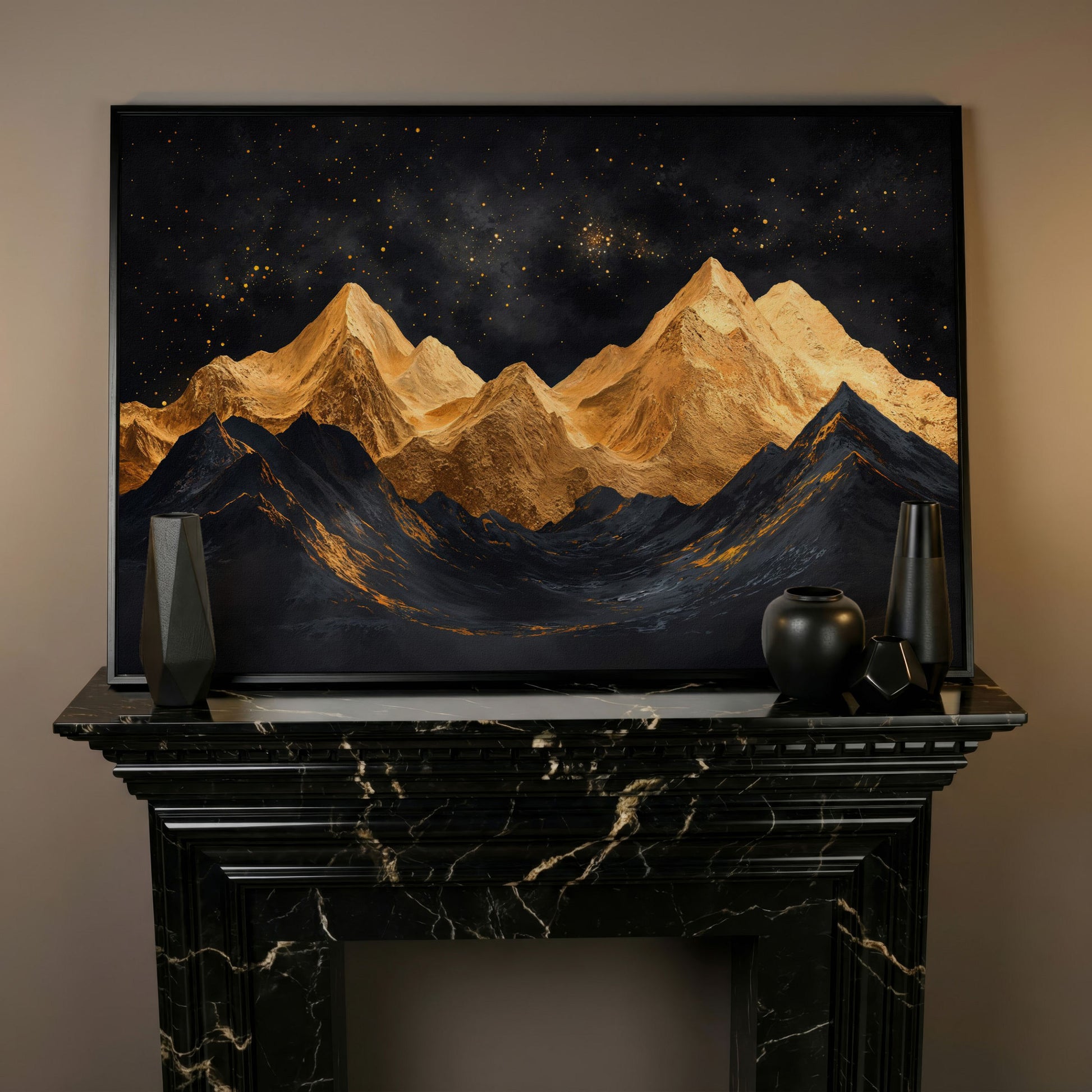 Golden Mountains Under Starry Sky Canvas in black floating frame