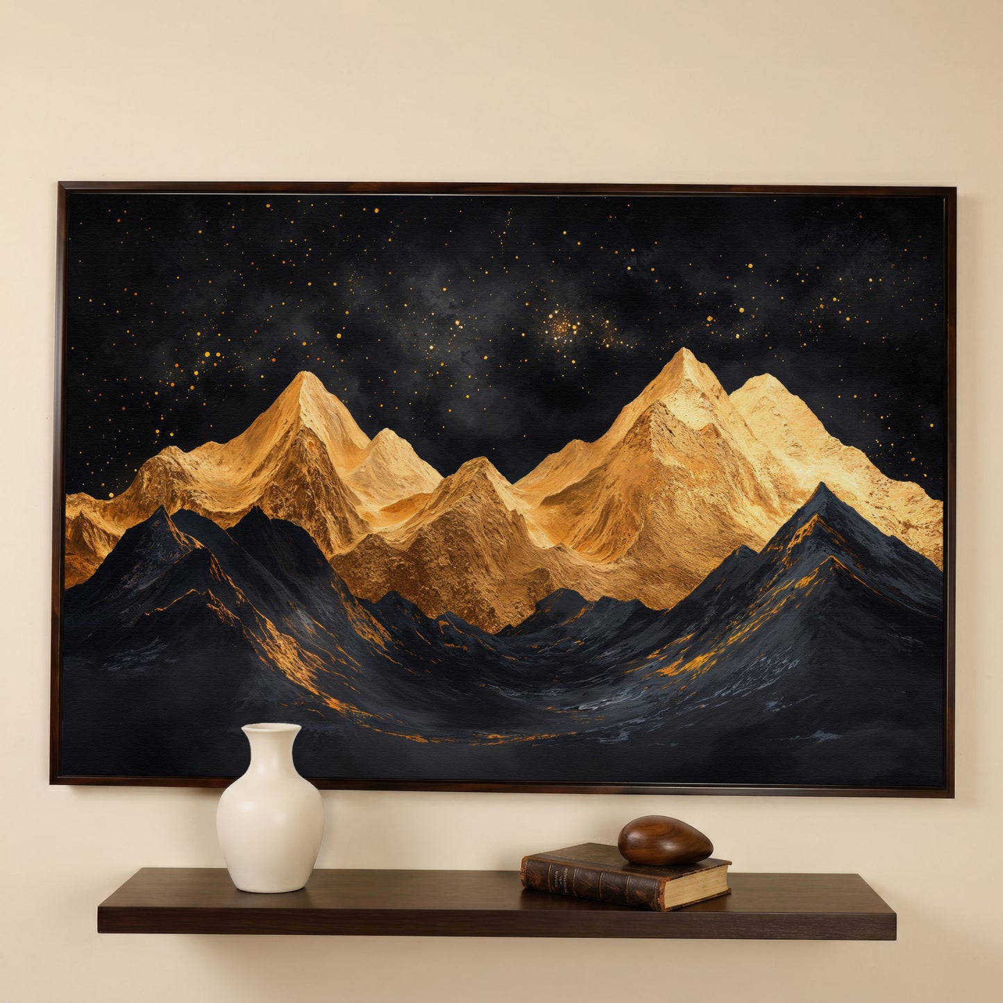 Golden Mountains Under Starry Sky Canvas in dark walnut floating frame