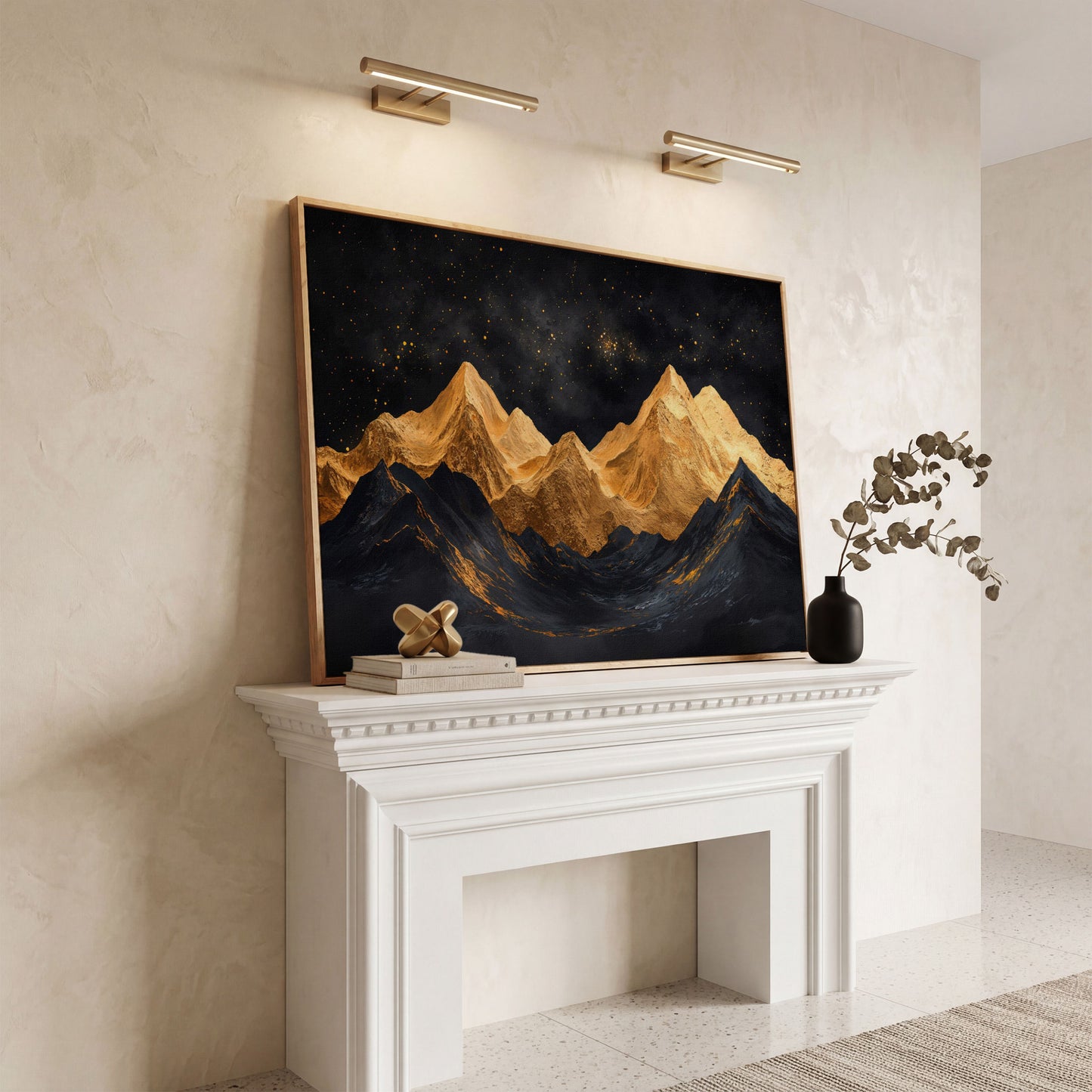 Golden Mountains Under Starry Sky Canvas in white oak floating frame