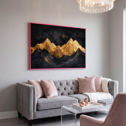 Golden Mountains Under Starry Sky Canvas in pink floating frame