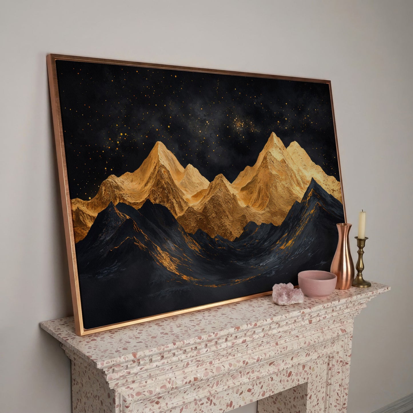 Golden Mountains Under Starry Sky Canvas in rose gold floating frame