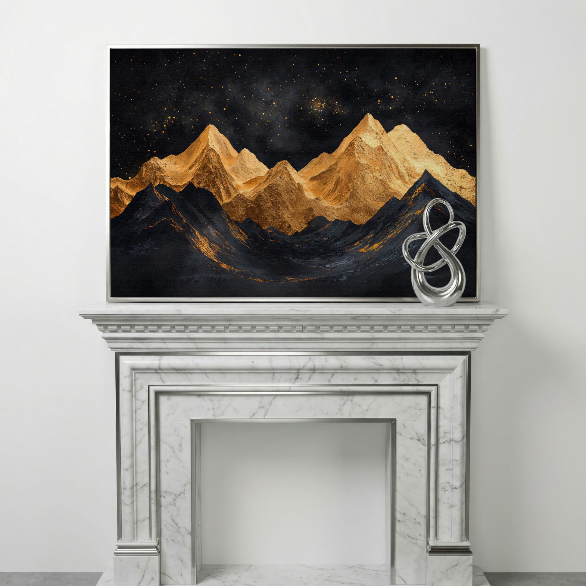 Golden Mountains Under Starry Sky Canvas in silver floating frame