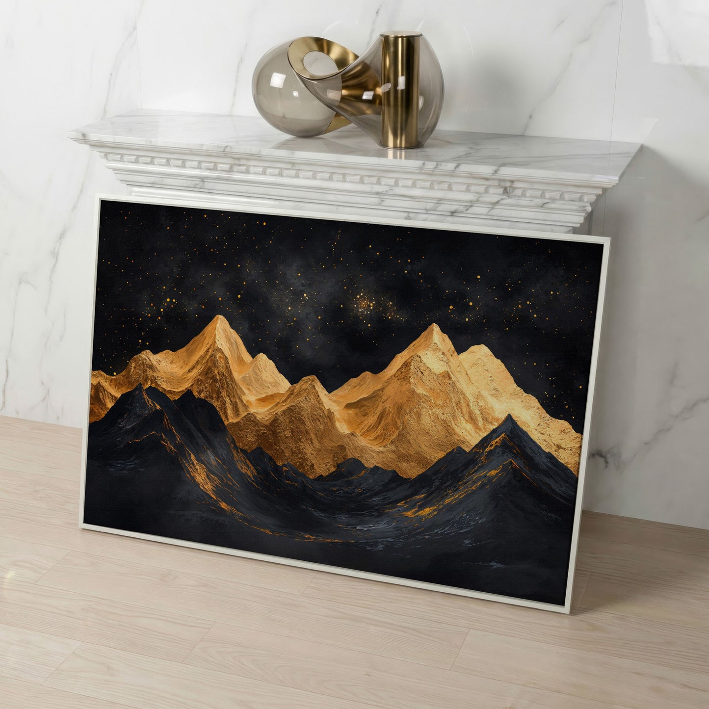 Golden Mountains Under Starry Sky Canvas in white floating frame