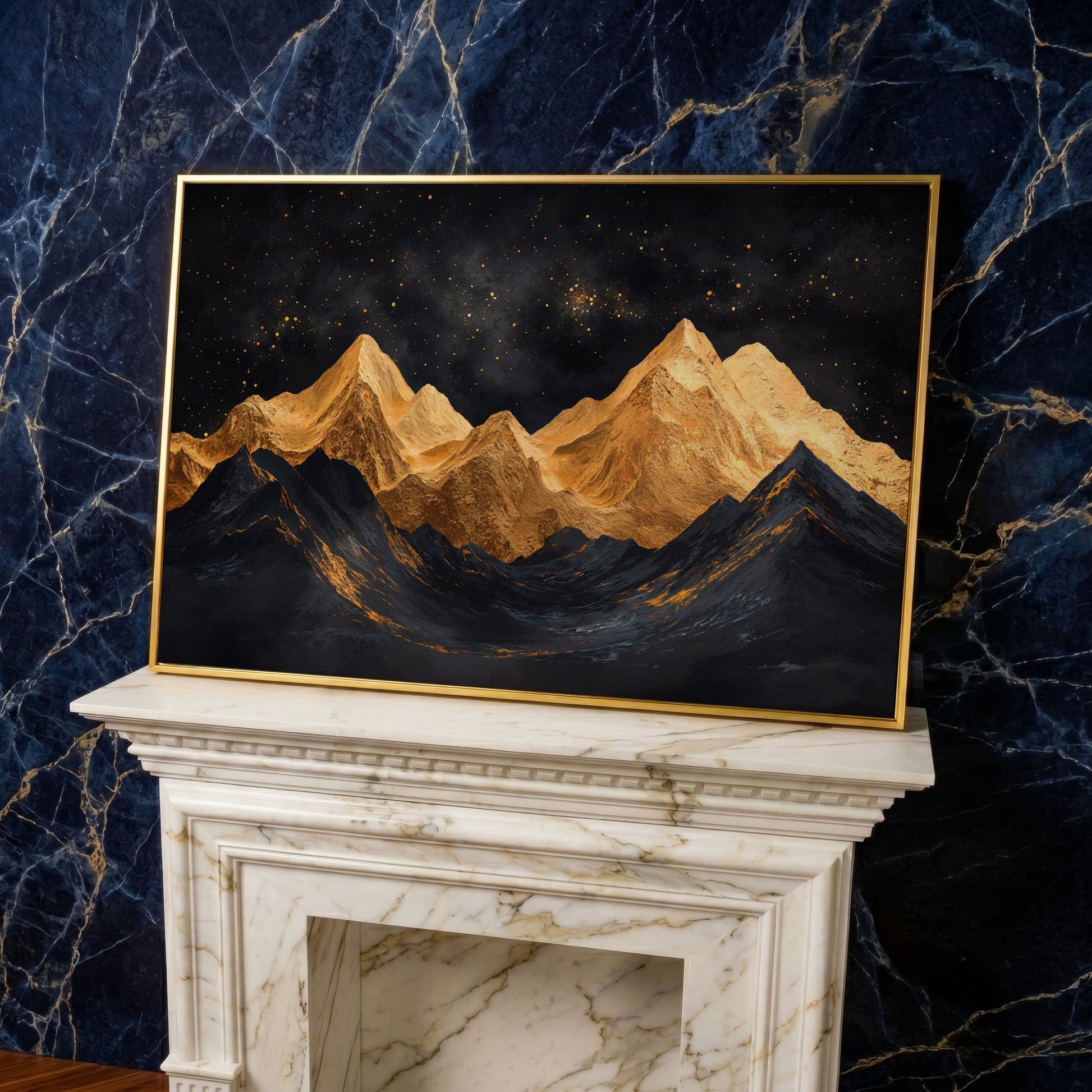 Golden Mountains Under Starry Sky Canvas in yellow gold floating frame