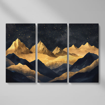 Night Mountain Landscape Canvas with Starry Sky as 3-panel split version