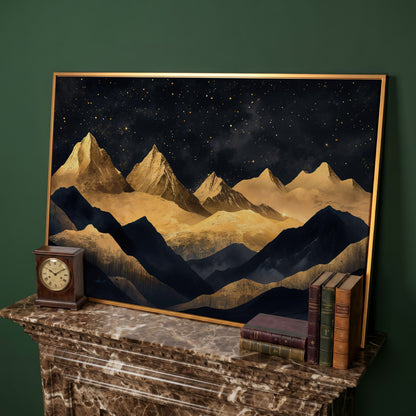 Night Mountain Landscape Canvas with Starry Sky in antique gold floating frame