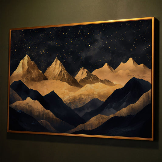 Night Mountain Landscape Canvas with Starry Sky shown in antique gold floating frame