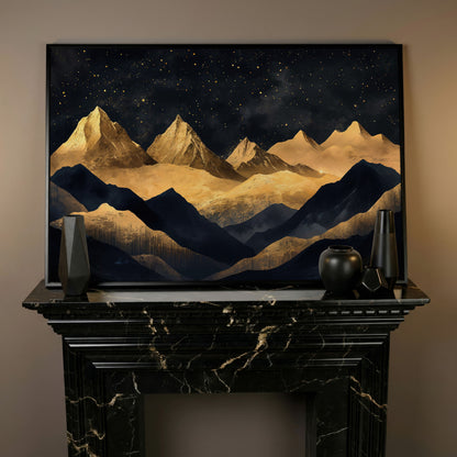 Night Mountain Landscape Canvas with Starry Sky in black floating frame