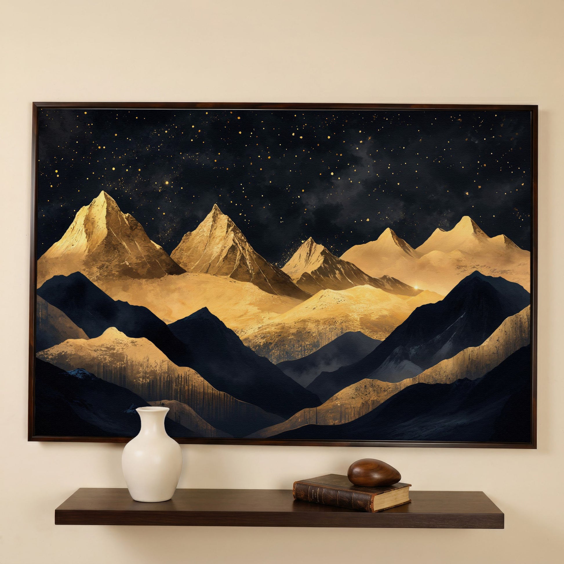 Night Mountain Landscape Canvas with Starry Sky in dark walnut floating frame