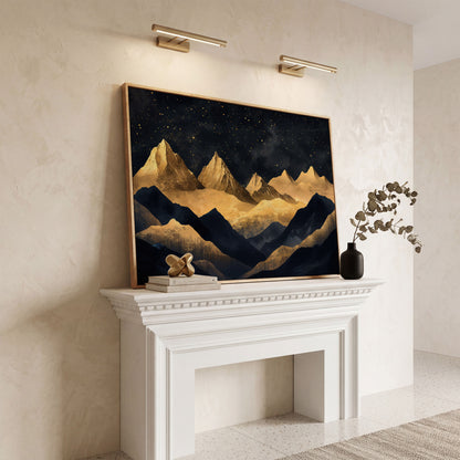 Night Mountain Landscape Canvas with Starry Sky in white oak floating frame