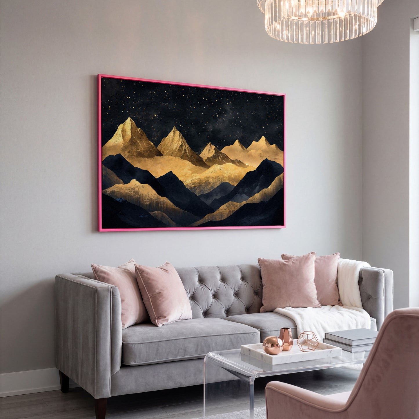 Night Mountain Landscape Canvas with Starry Sky in pink floating frame