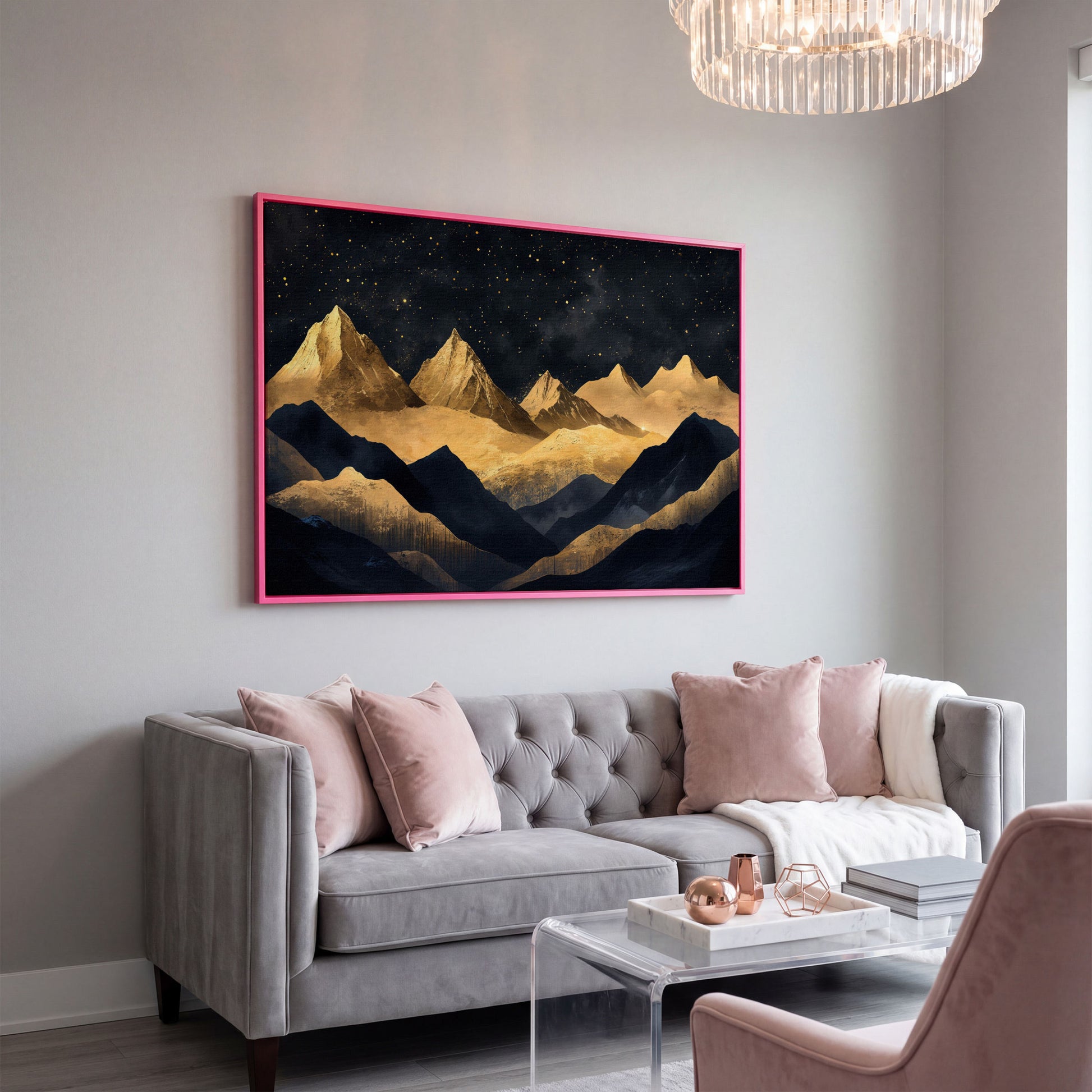 Night Mountain Landscape Canvas with Starry Sky in pink floating frame