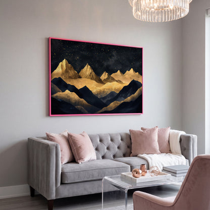 Night Mountain Landscape Canvas with Starry Sky in pink floating frame