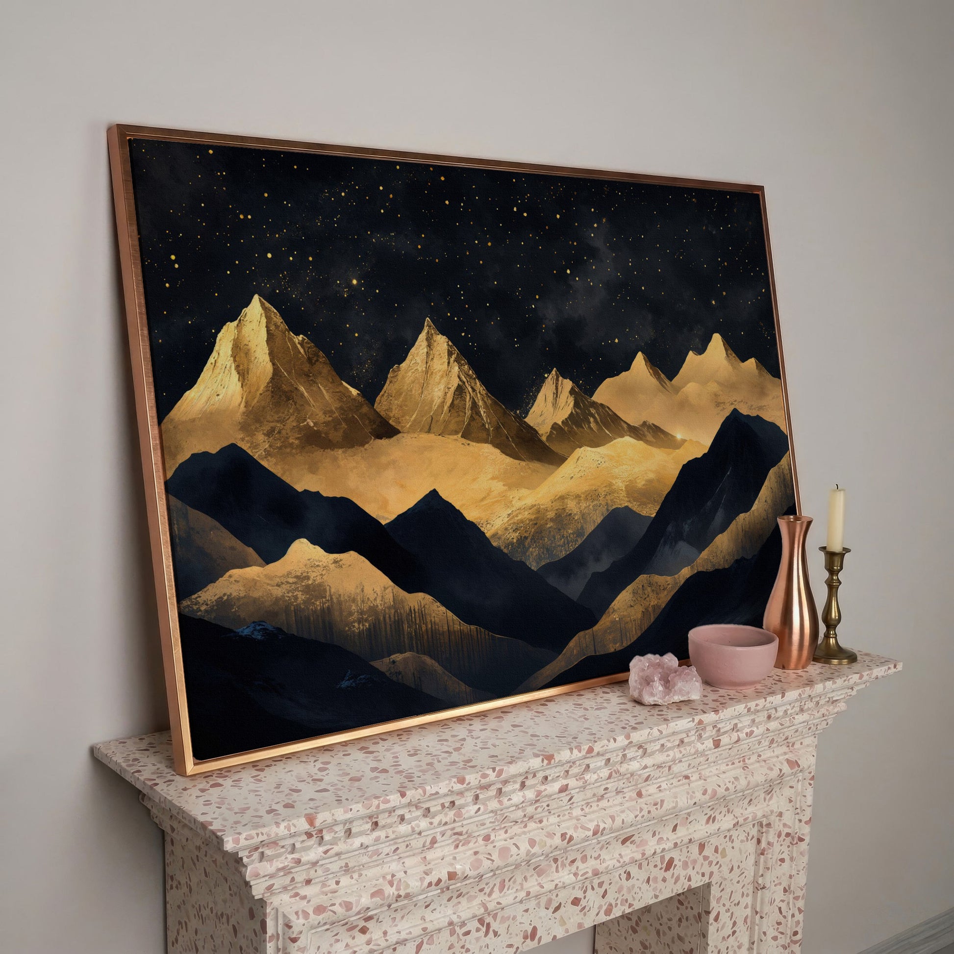 Night Mountain Landscape Canvas with Starry Sky in rose gold floating frame