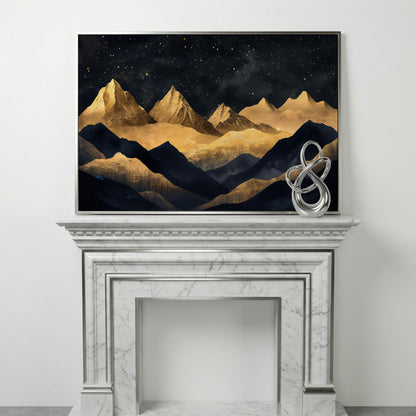 Night Mountain Landscape Canvas with Starry Sky in silver floating frame