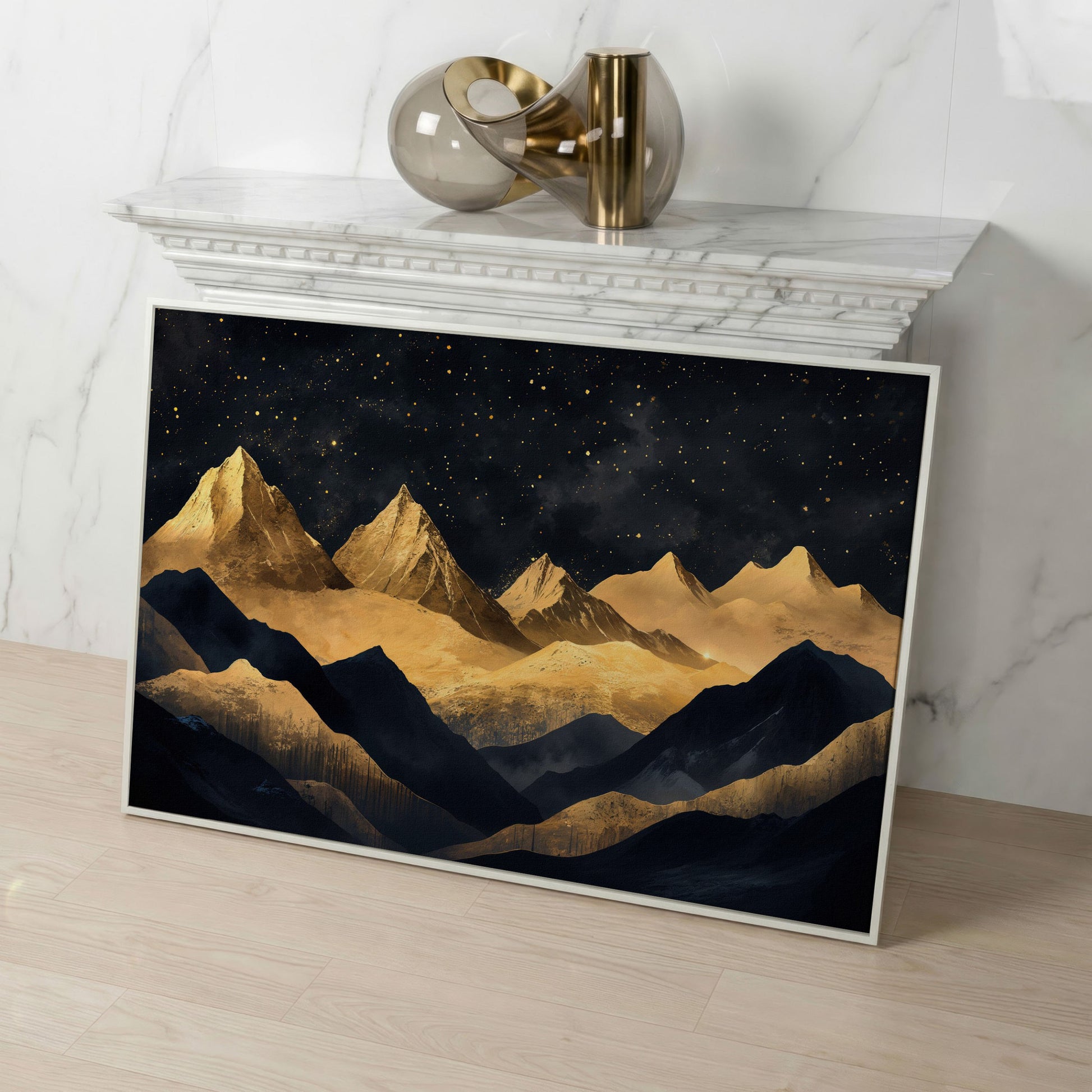 Night Mountain Landscape Canvas with Starry Sky in white floating frame