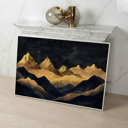 Night Mountain Landscape Canvas with Starry Sky in white floating frame
