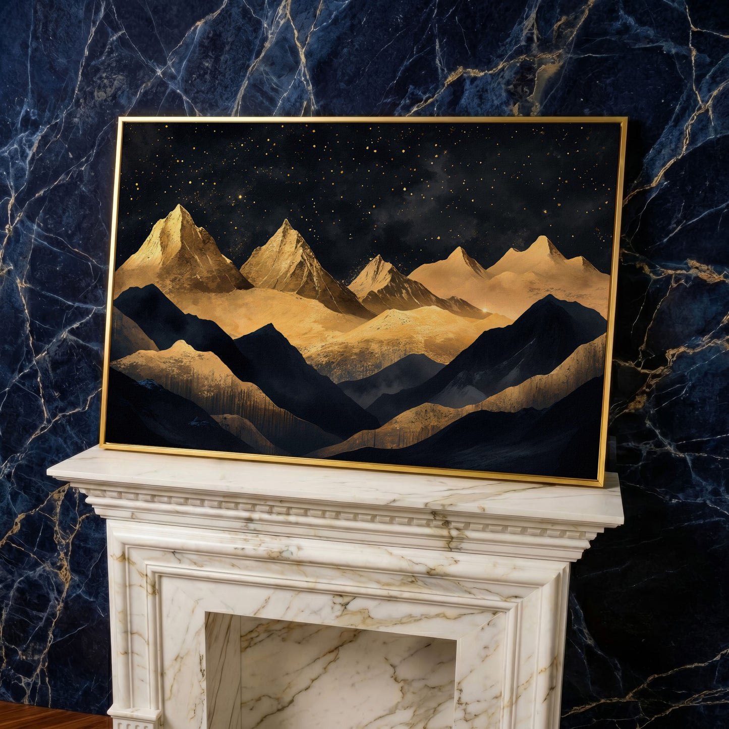 Night Mountain Landscape Canvas with Starry Sky in yellow gold floating frame