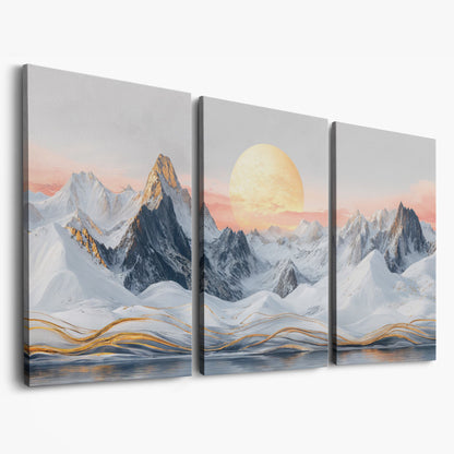 Snowy Mountain Landscape with Golden Sun Canvas as 3-panel split version