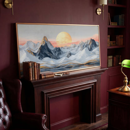 Snowy Mountain Landscape with Golden Sun Canvas in antique gold floating frame