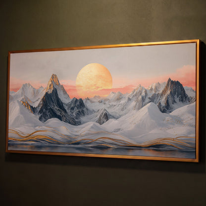 Snowy Mountain Landscape with Golden Sun Canvas shown in antique gold floating frame