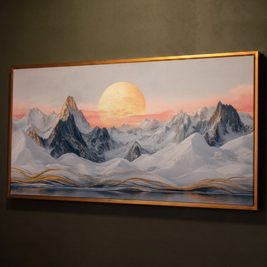 Snowy Mountain Landscape with Golden Sun Canvas shown in antique gold floating frame